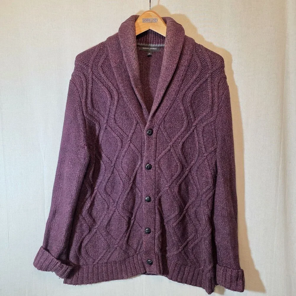 Banana Republic Mens Cardigan XL Burgundy Cable Knit Shawl Collar Ribbed